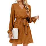 Womens Wrap V Neck Pleated Long Sleeve Mini Dresses Brown Women's Dresses - Tophatter Daily Deals