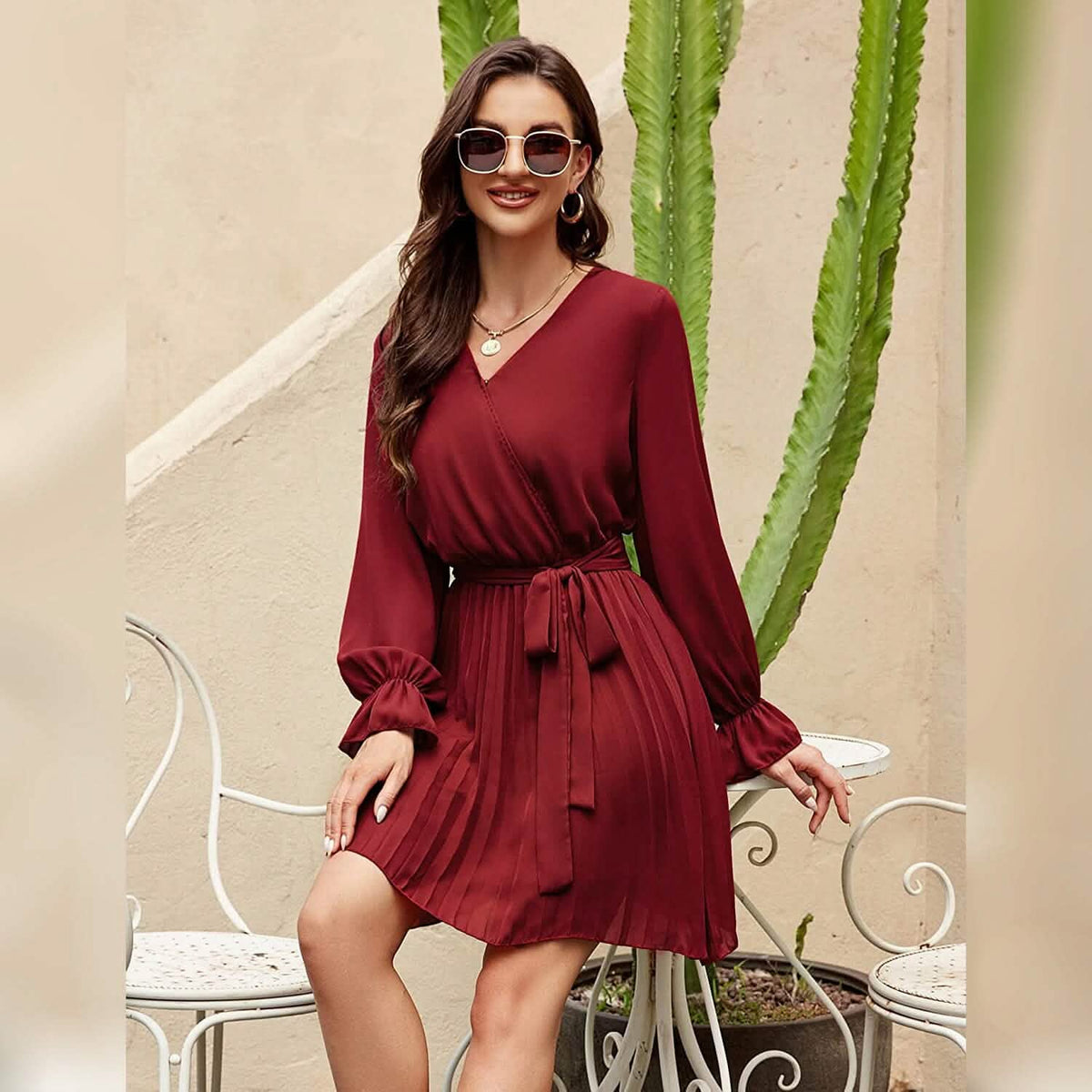 Womens Wrap V Neck Pleated Long Sleeve Mini Dresses Women's Dresses - Tophatter Daily Deals