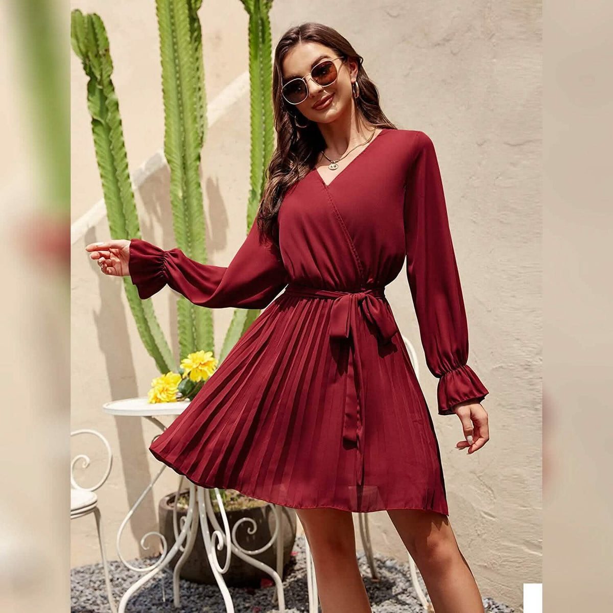Womens Wrap V Neck Pleated Long Sleeve Mini Dresses Women's Dresses - Tophatter Daily Deals