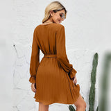 Womens Wrap V Neck Pleated Long Sleeve Mini Dresses Women's Dresses - Tophatter Daily Deals