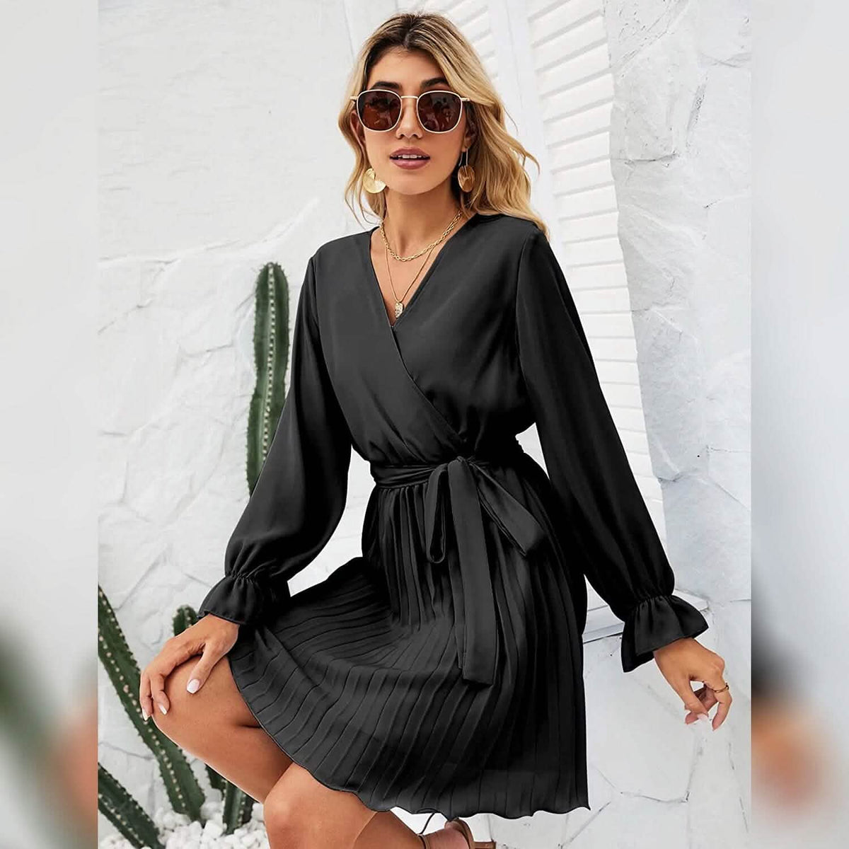 Womens Wrap V Neck Pleated Long Sleeve Mini Dresses Women's Dresses - Tophatter Daily Deals