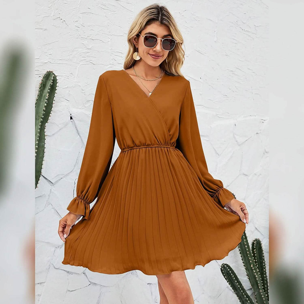 Womens Wrap V Neck Pleated Long Sleeve Mini Dresses Women's Dresses - Tophatter Daily Deals