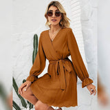 Womens Wrap V Neck Pleated Long Sleeve Mini Dresses Women's Dresses - Tophatter Daily Deals