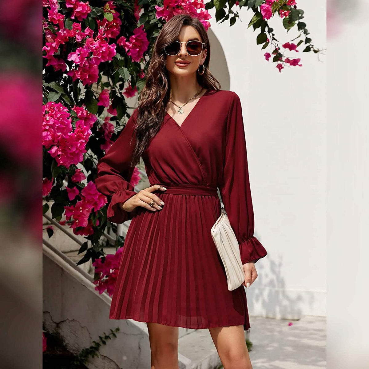 Womens Wrap V Neck Pleated Long Sleeve Mini Dresses Women's Dresses - Tophatter Daily Deals