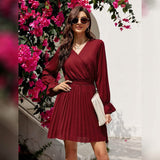 Womens Wrap V Neck Pleated Long Sleeve Mini Dresses Women's Dresses - Tophatter Daily Deals