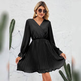Womens Wrap V Neck Pleated Long Sleeve Mini Dresses Women's Dresses - Tophatter Daily Deals