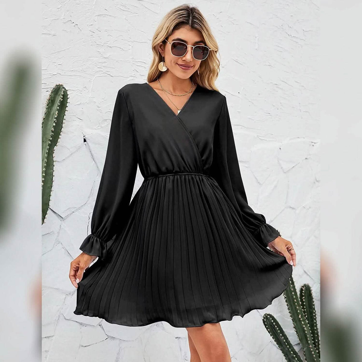 Womens Wrap V Neck Pleated Long Sleeve Mini Dresses Women's Dresses - Tophatter Daily Deals