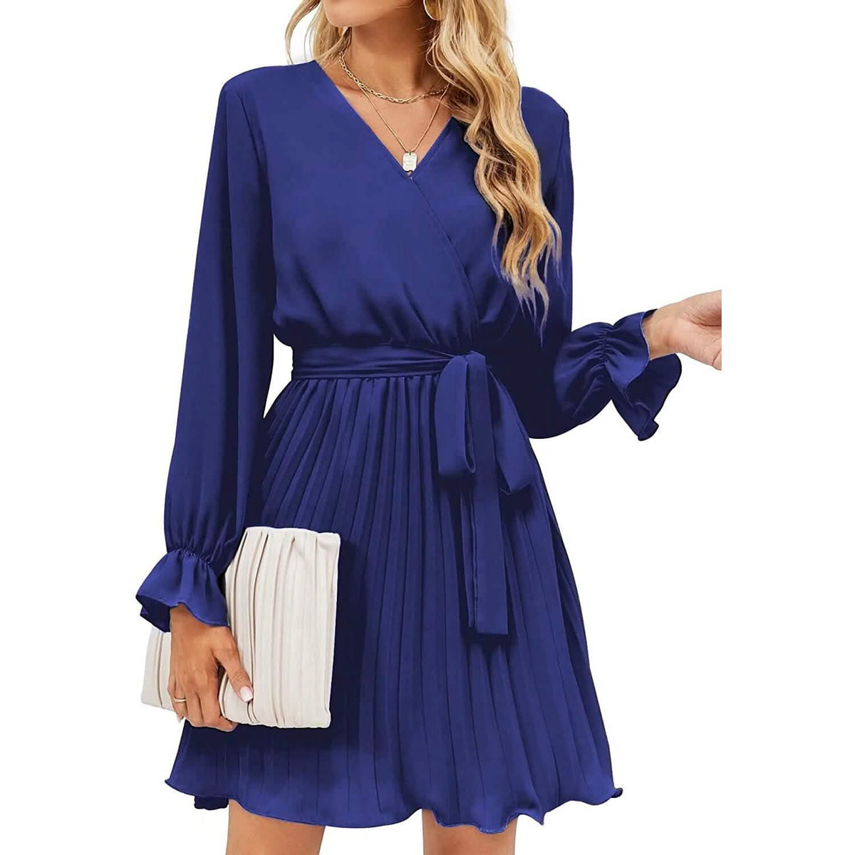 Womens Wrap V Neck Pleated Long Sleeve Mini Dresses Navy Women's Dresses - Tophatter Daily Deals