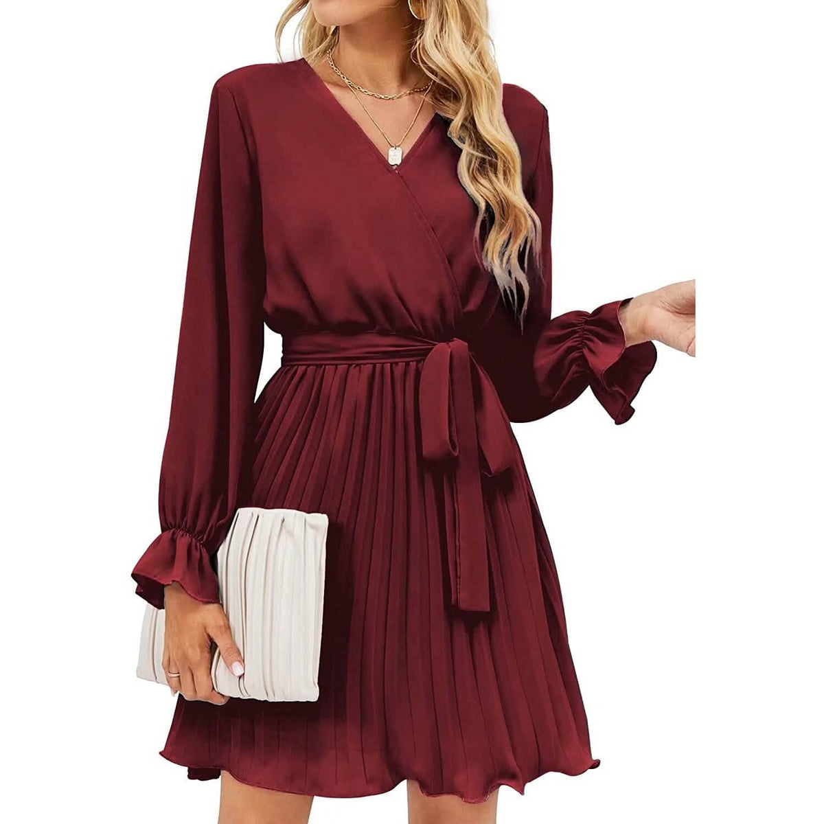 Womens Wrap V Neck Pleated Long Sleeve Mini Dresses Wine Red Women's Dresses - Tophatter Daily Deals