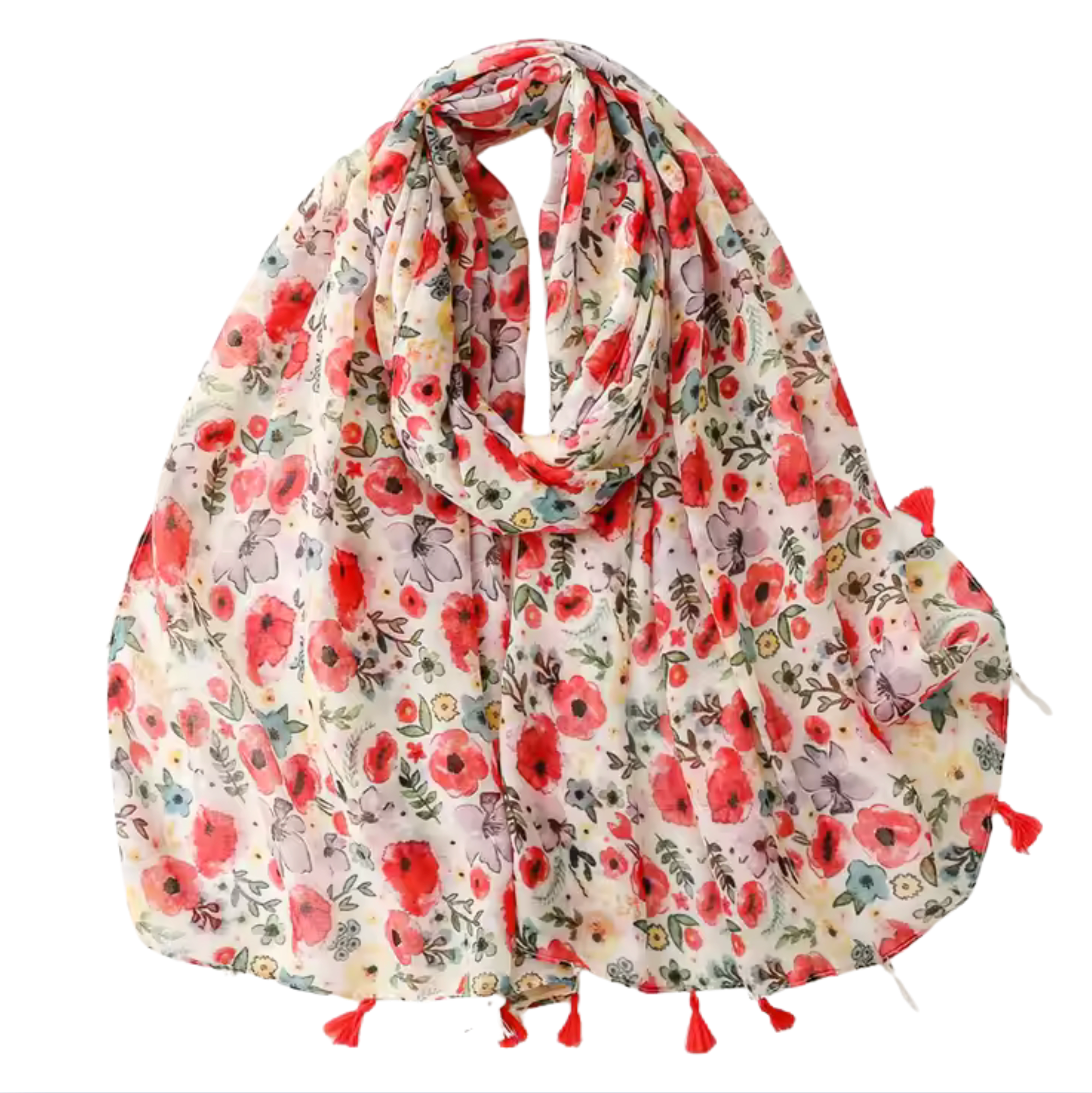 Floral Poppy Print Scarf with Tassel Accents Multi Scarves - Tophatter Daily Deals