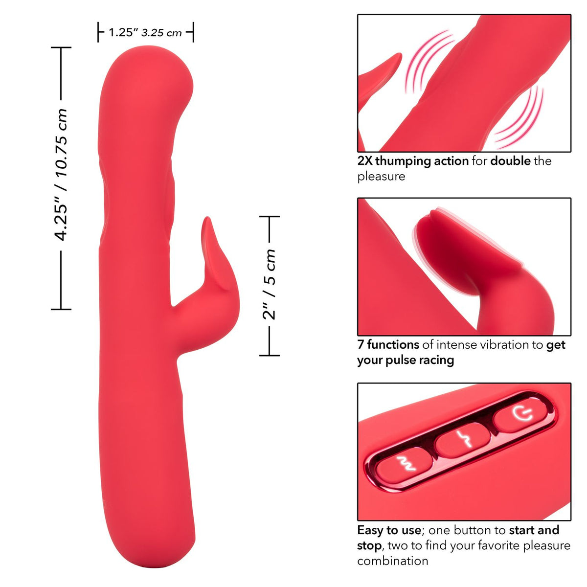 Throb Flutter Red Dual Stimulator Massager with 2x Thumping Action and 7 Vibration Functions, Silicone Waterproof Vibrator > Vibrators > Ladies > Rabbit - Tophatter Daily Deals