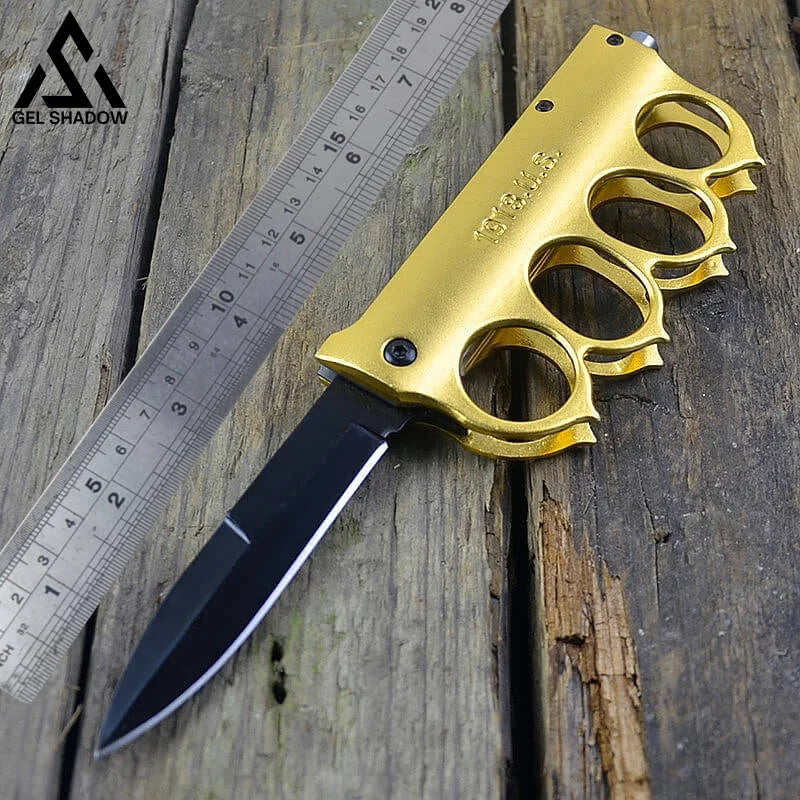 WWI 1918 Trench Knife Folder Spring Assist Knuckle Knife-GS38 Gold Pocket Knives - Tophatter Daily Deals