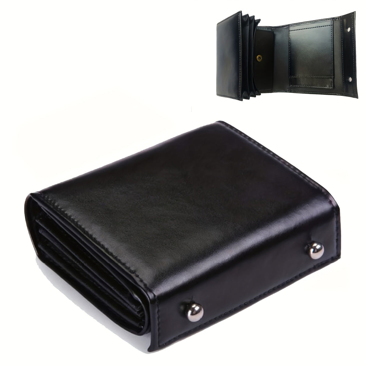 Compact Accordion Trifold Leather Wallet with Snap Coin Pocket Black Handbags & Wallets - Tophatter Daily Deals