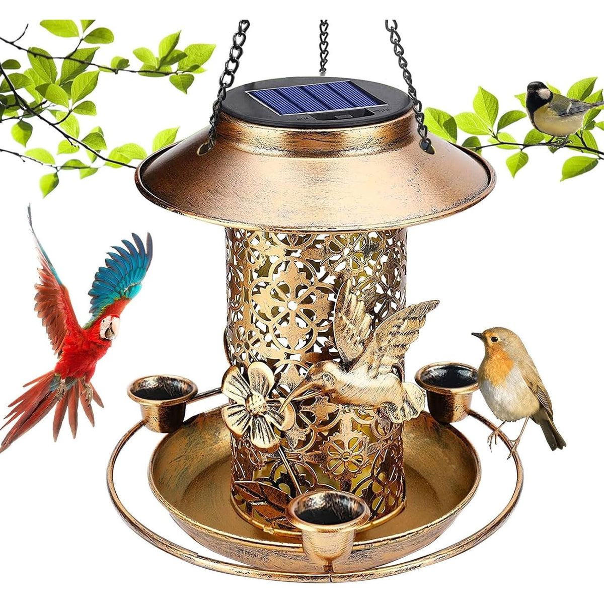 Solar Bird Feeder, Hanging Metal Lantern with LED Light and 3 Water Cups Solar Outdoor Lights - Tophatter Daily Deals