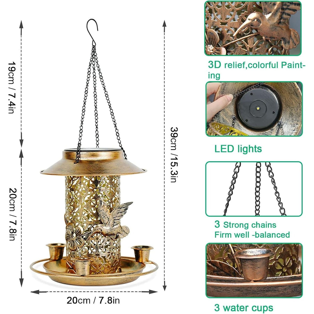 Solar Bird Feeder, Hanging Metal Lantern with LED Light and 3 Water Cups Solar Outdoor Lights - Tophatter Daily Deals