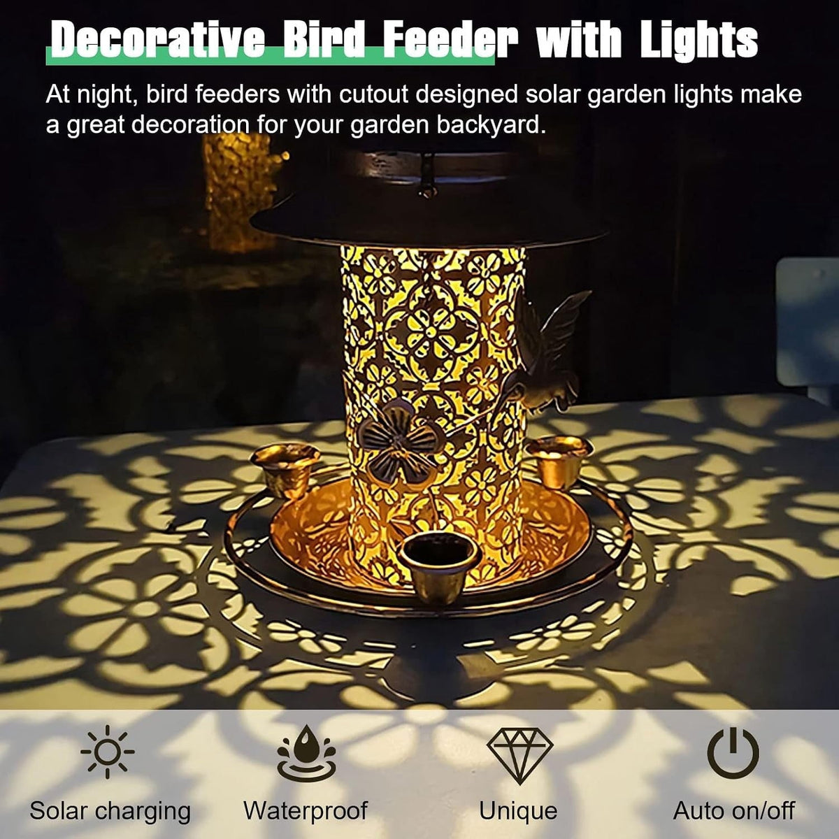 Solar Bird Feeder, Hanging Metal Lantern with LED Light and 3 Water Cups Solar Outdoor Lights - Tophatter Daily Deals