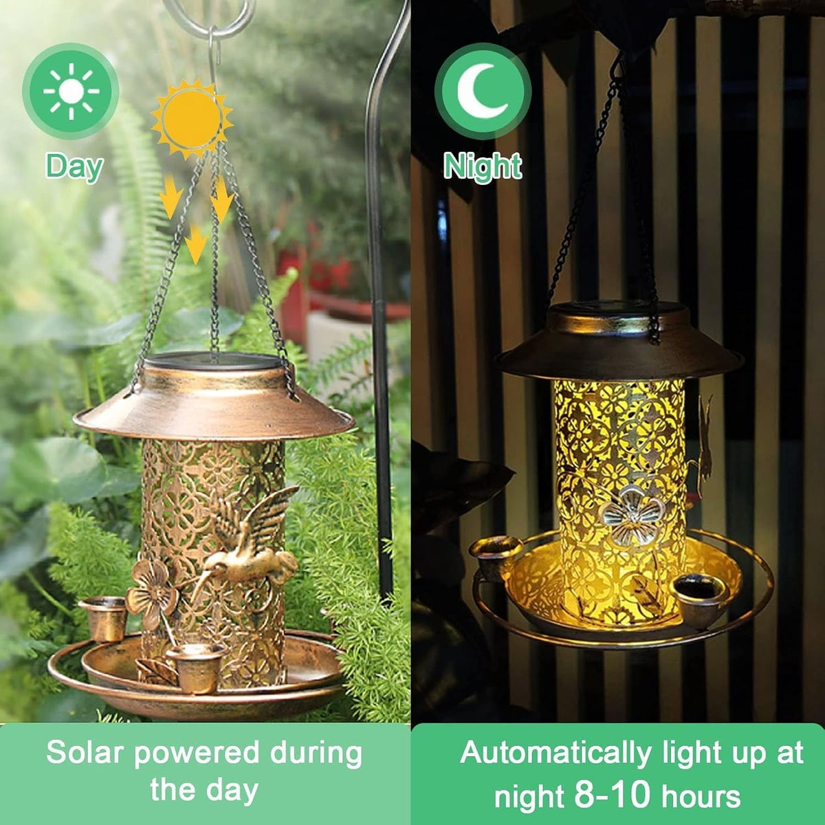 Solar Bird Feeder, Hanging Metal Lantern with LED Light and 3 Water Cups Solar Outdoor Lights - Tophatter Daily Deals