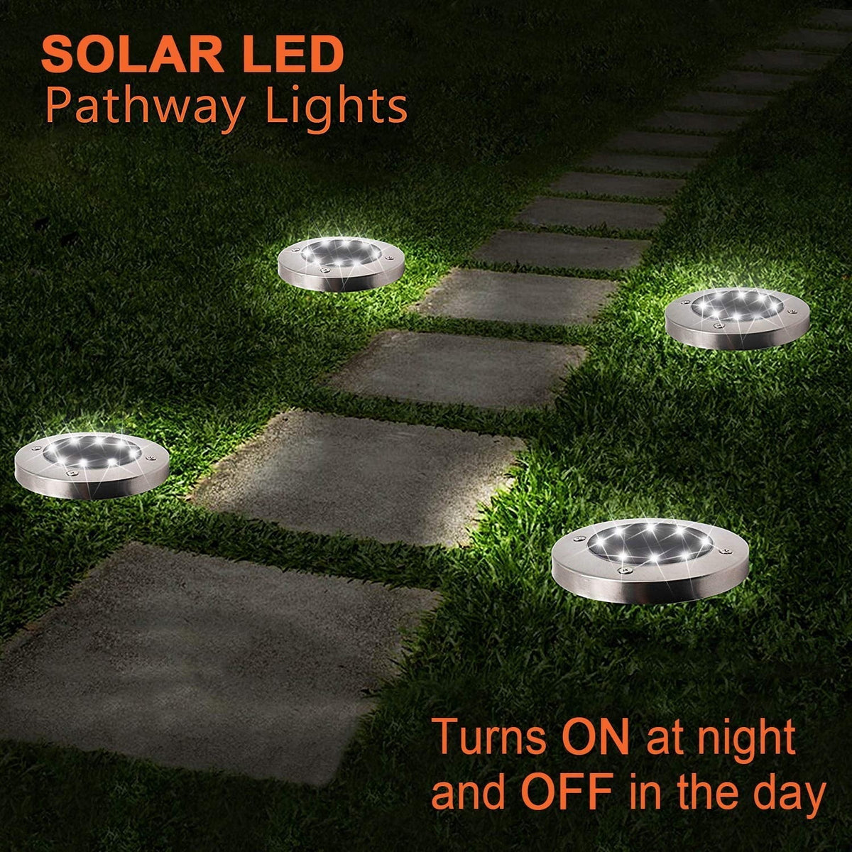 8-Pack: Solar Ground Lights, Stainless Steel In-Ground Disk Pathway Lights Solar Outdoor Lights - Tophatter Daily Deals