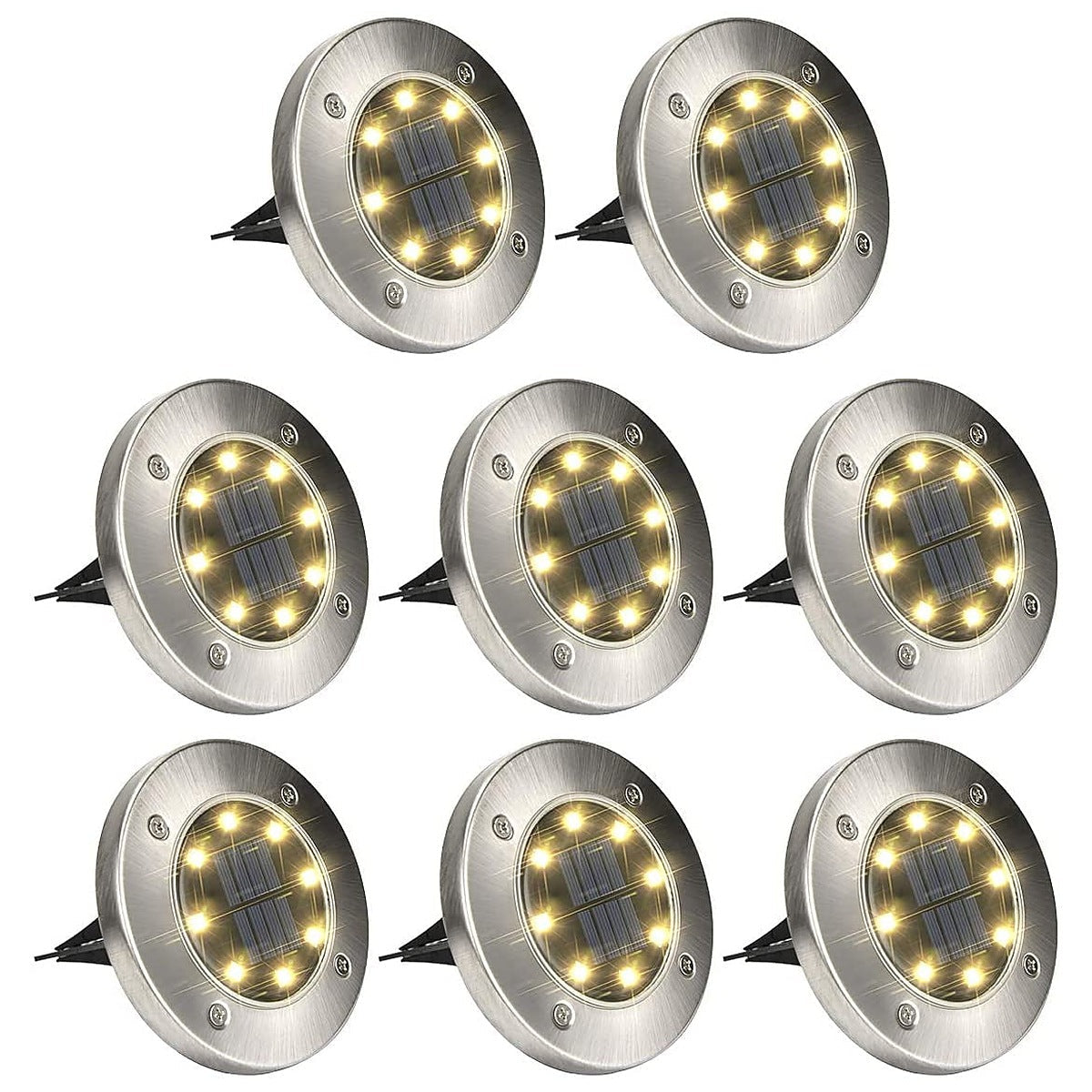 8-Pack: Solar Ground Lights, Stainless Steel In-Ground Disk Pathway Lights Warm White Solar Outdoor Lights - Tophatter Daily Deals