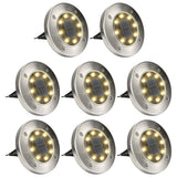 8-Pack: Solar Ground Lights, Stainless Steel In-Ground Disk Pathway Lights Warm White Solar Outdoor Lights - Tophatter Daily Deals
