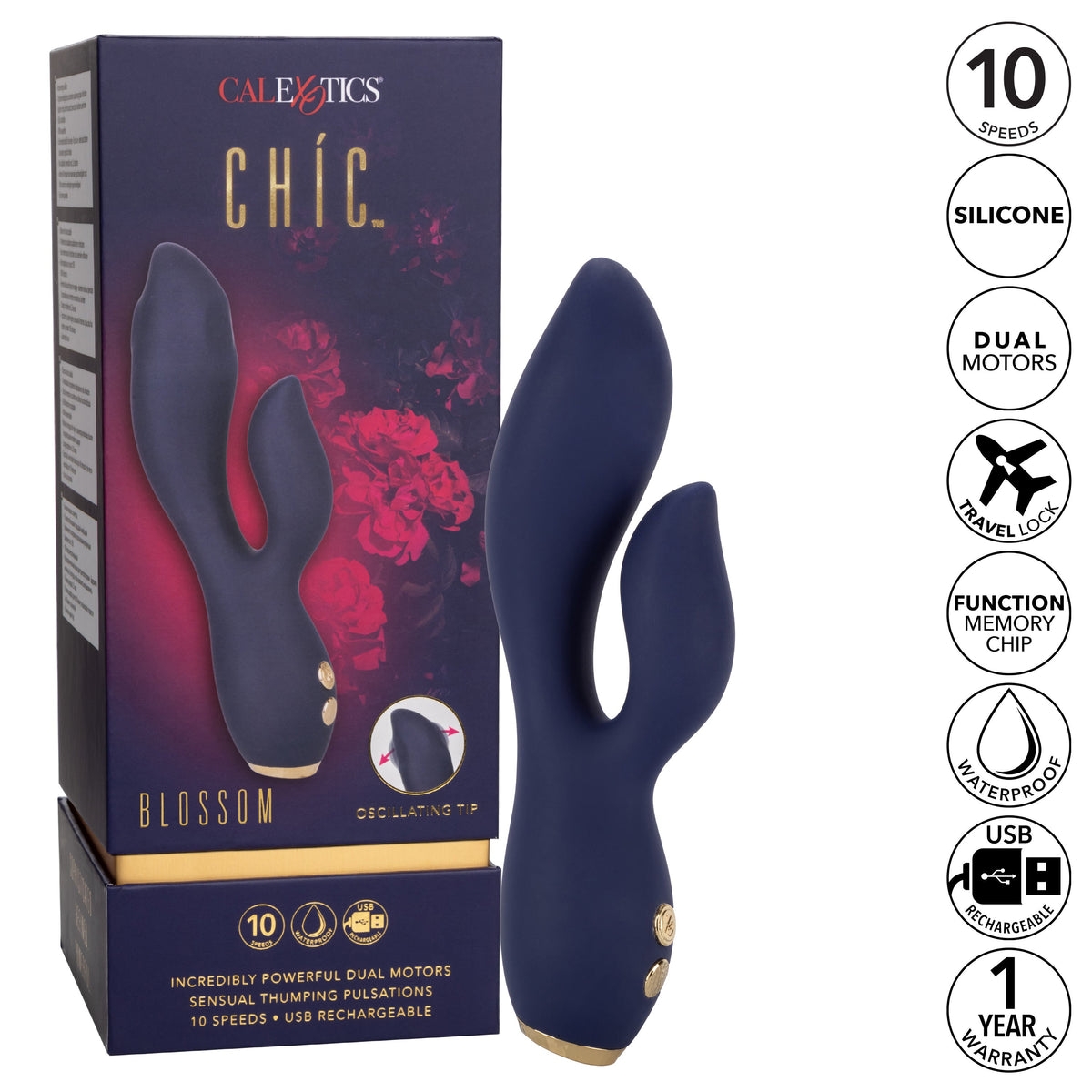 Chic Blossom Navy Blue Flexible Silicone Dual Motor Vibrator with Gold Accents, 10 Speeds, Waterproof and Rechargeable > Vibrators > Ladies > Rabbit - Tophatter Daily Deals