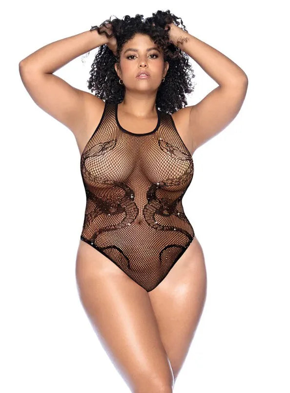 Curve Snake Fishnet Rhinestone Bodysuit (Black) – Sheer Bodysuit > Clothes > Plus Size Lingerie - Tophatter Daily Deals