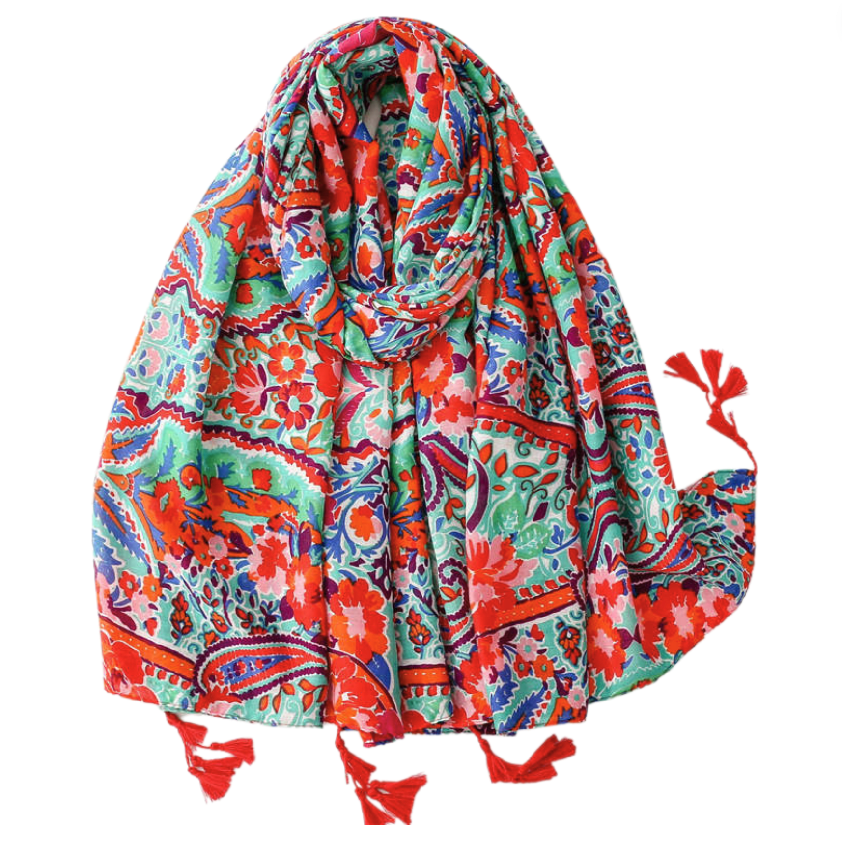 Festive Floral Red and Mint Scarf with Tassels Multi Scarves - Tophatter Daily Deals