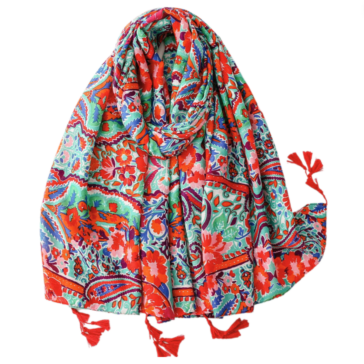 Festive Floral Red and Mint Scarf with Tassels Multi Scarves - Tophatter Daily Deals