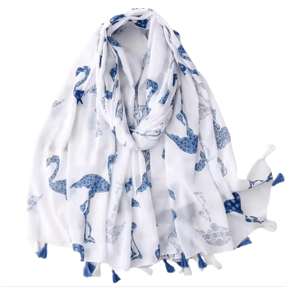 Blue Flamingo Print Scarf with Tassel Accents Multi Scarves - Tophatter Daily Deals