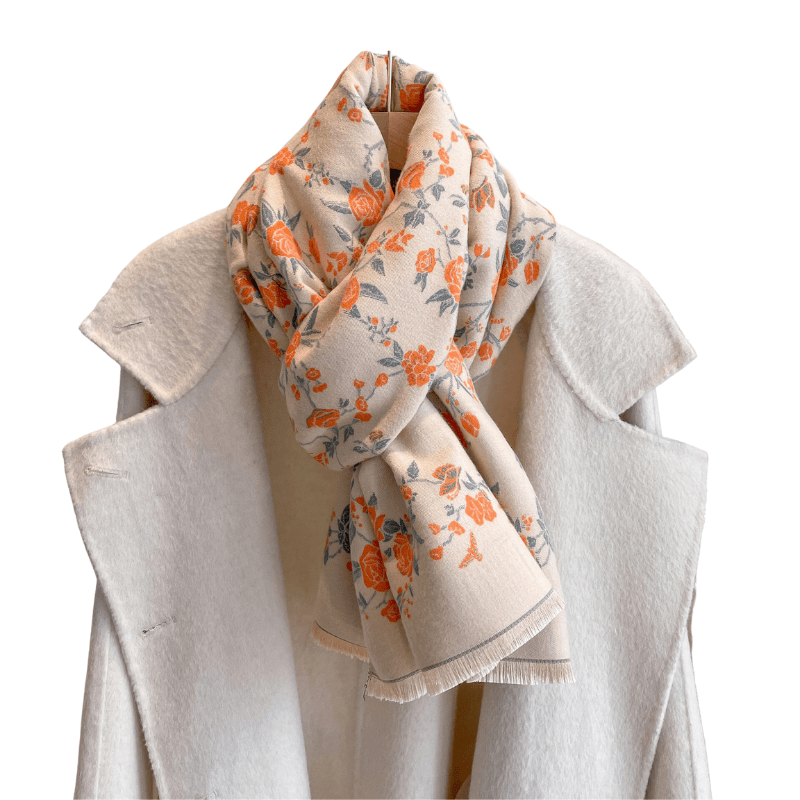 Delicate Orange Floral Beige Fringe-Trimmed Scarf Multi Scarves - Tophatter Daily Deals