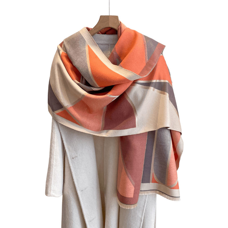 Beige, Grey & Orange Colored Blocked Fringe-Trimmed Scarf Multi Scarves - Tophatter Daily Deals