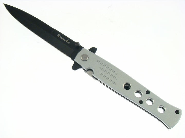 Grey Handle Stiletto Style Spring Assisted Knife - 'Legal Auto Knife' - Tophatter's Army Products & Self Defense Collectible Weapons - Tophatter Daily Deals
