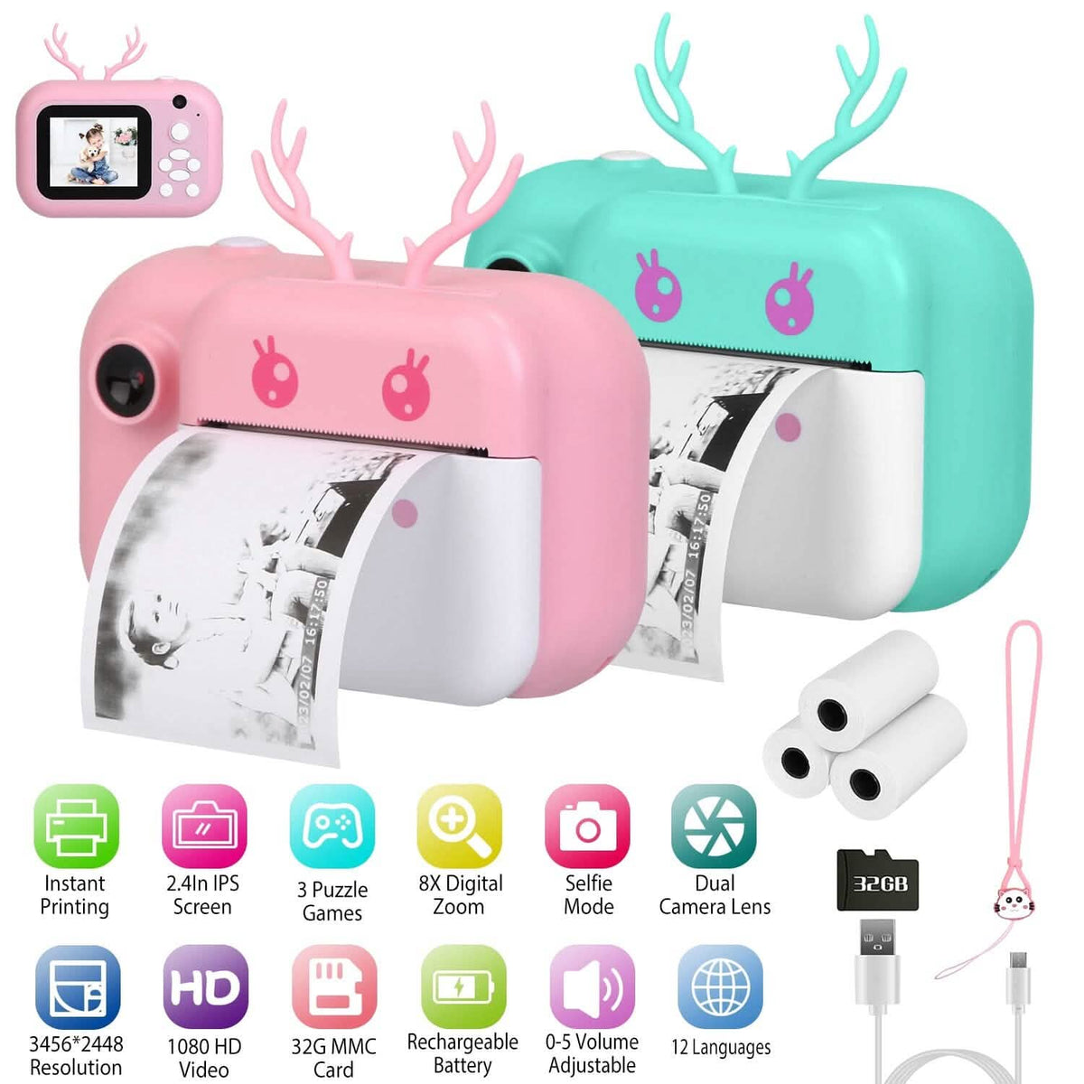 Zero Ink Selfie Camera 1080P HD Video Recorder with Dual Lens 3 Roll Print Papers Cameras & Drones - Tophatter Daily Deals