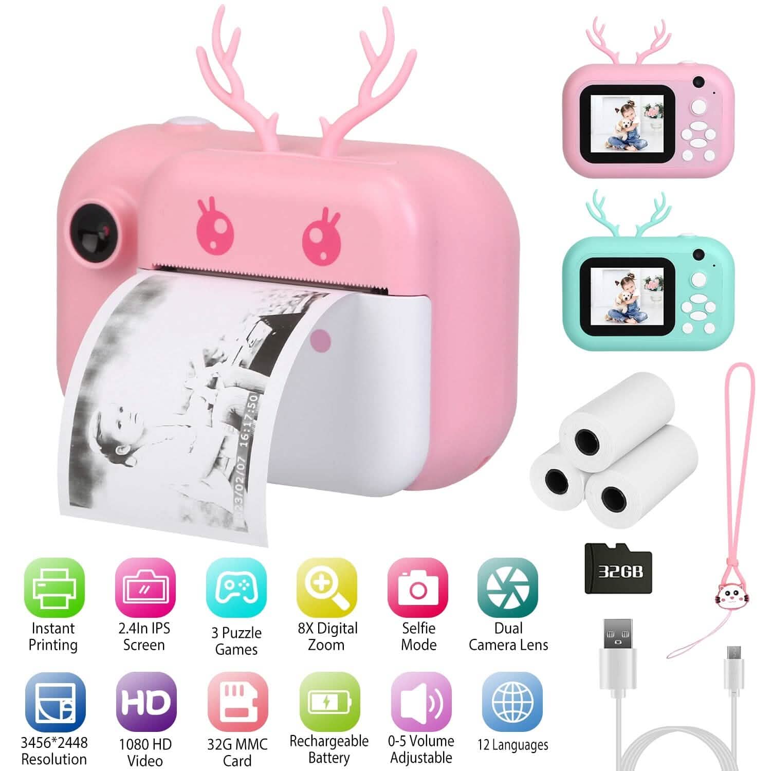 Zero Ink Selfie Camera 1080P HD Video Recorder with Dual Lens 3 Roll Print Papers Cameras & Drones - Tophatter Daily Deals