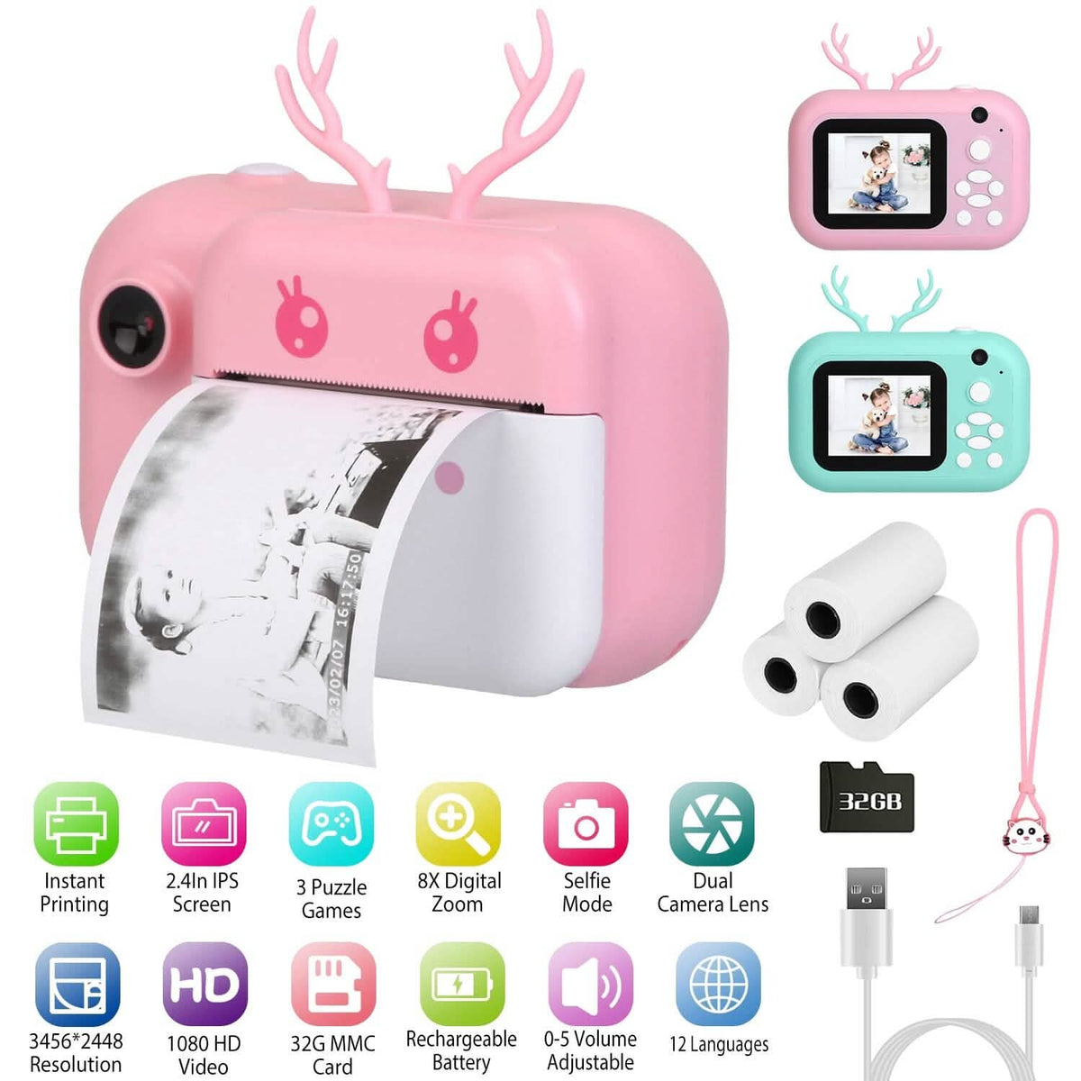 Zero Ink Selfie Camera 1080P HD Video Recorder with Dual Lens 3 Roll Print Papers Cameras & Drones - Tophatter Daily Deals