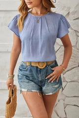 Round Neck Keyhole Cap Sleeve T-Shirt Misty Blue Women's T-Shirts - Tophatter Daily Deals