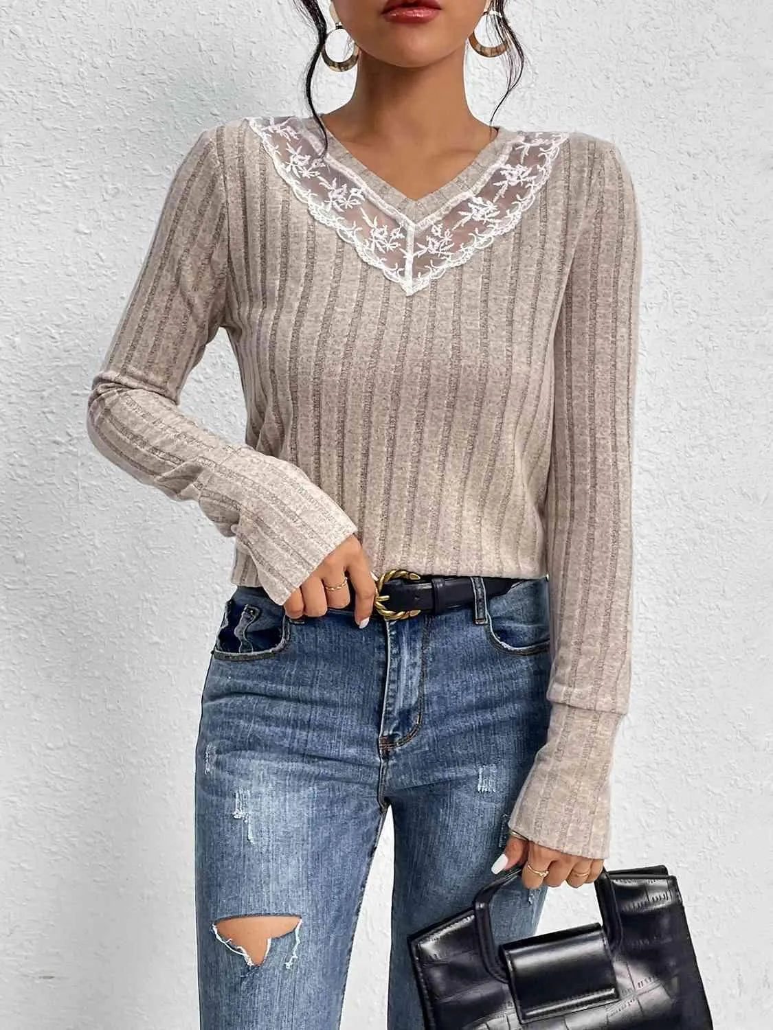Lace Detail Ribbed V-Neck Long Sleeve Top Blouses - Tophatter Daily Deals