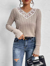 Lace Detail Ribbed V-Neck Long Sleeve Top Blouses - Tophatter Daily Deals