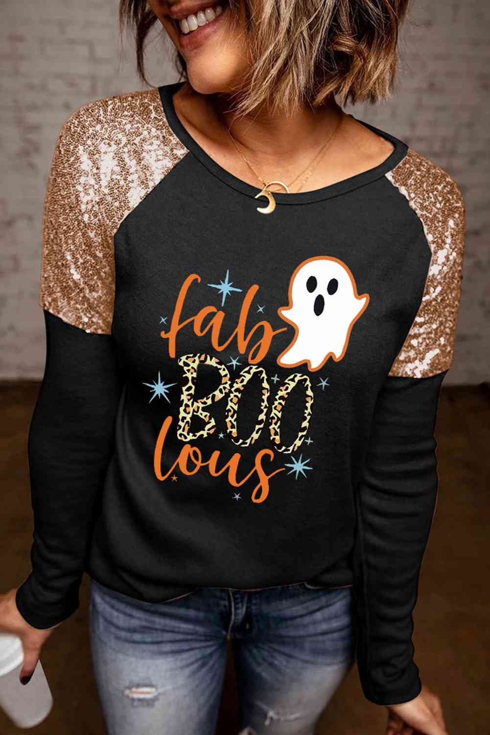 Ghost Graphic Sequin Long Sleeve T-Shirt Black Women's T-Shirts - Tophatter Daily Deals