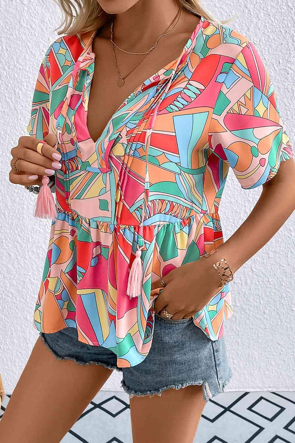 Printed Tie Neck Short Sleeve Blouse Blouses - Tophatter Daily Deals