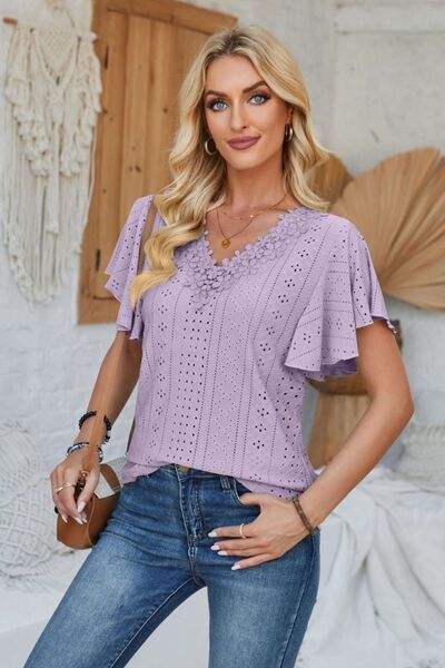 Eyelet Applique V-Neck Cap Sleeve T-Shirt Women's T-Shirts - Tophatter Daily Deals