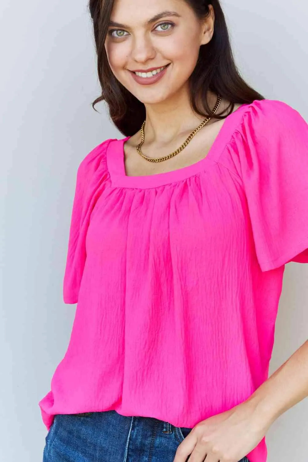 Ninexis Keep Me Close Square Neck Short Sleeve Blouse in Fuchsia Blouses - Tophatter Daily Deals