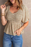 Smocked Balloon Sleeve Peplum Blouse Floral Blouses - Tophatter Daily Deals