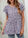 Leopard Round Neck Flutter Sleeve Babydoll Blouse Lilac Blouses - Tophatter Daily Deals