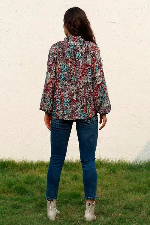 Tie Neck Heathered Balloon Sleeve Blouse Blouses - Tophatter Daily Deals