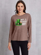 HAPPY ST. PATRICK'S DAY Round Neck T-Shirt Mocha Women's T-Shirts - Tophatter Daily Deals