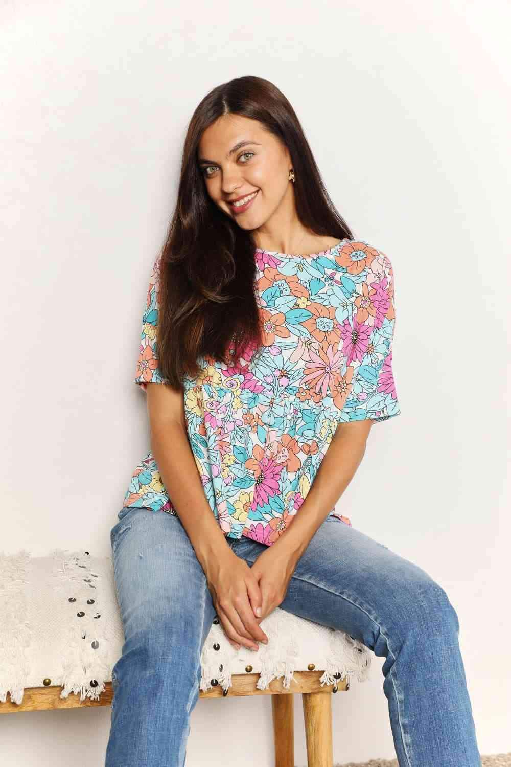 Double Take Floral Round Neck Babydoll Top Blouses - Tophatter Daily Deals