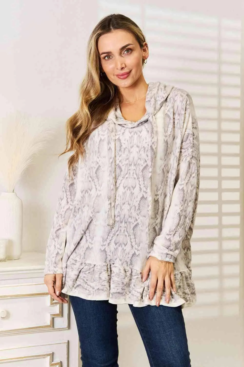 Jade By Jane Full Size Snakeskin Print Ruffle Hem Hoodie Blouses - Tophatter Daily Deals