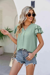 V-Neck Layered Flutter Sleeve Top Blouses - Tophatter Daily Deals