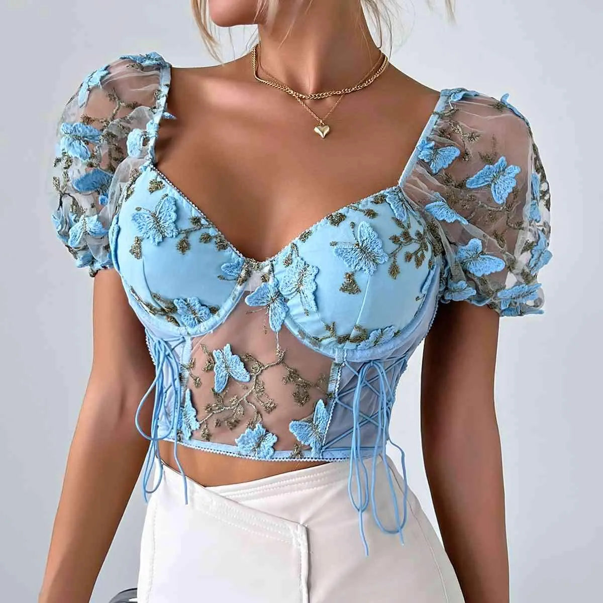 Embroidery Sweetheart Neck Short Sleeve Lace Trim Blouse Pastel Blue Blouses - Tophatter Daily Deals